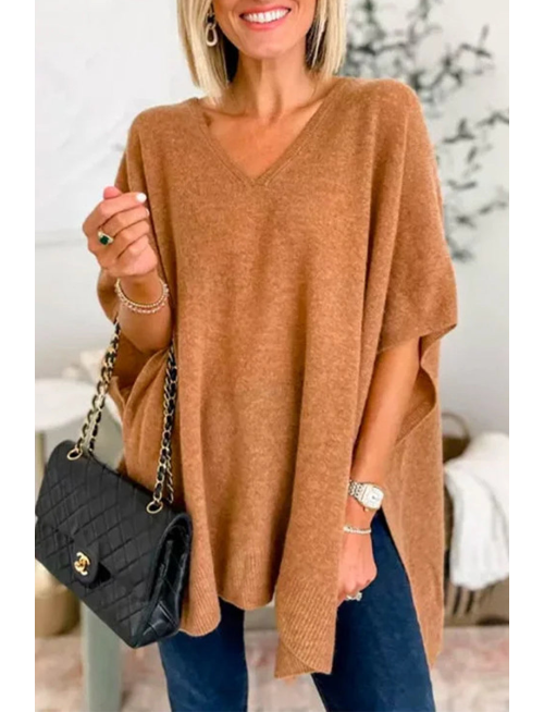 Casual Simplicity Solid Slit V Neck Sweaters